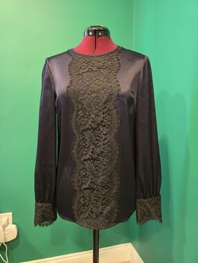 St. John Black And Navy Satin Blouse with Lace Front Panel And Cuffs, Size 2